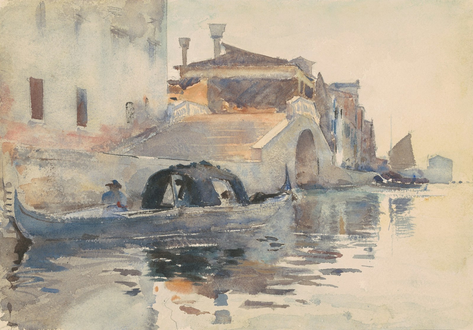 A gondola on a venetian canal with a bridge.