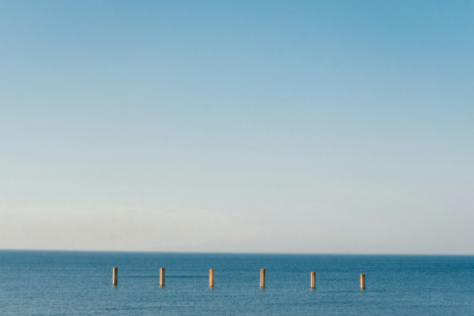 Wooden posts in the calm blue ocean under clear sky